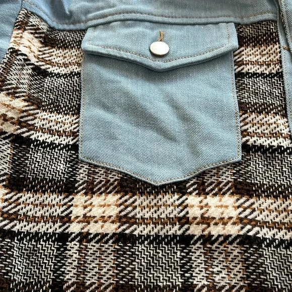 Plaid patchwork on light denim jacket XL NWT shirt - Picture 7 of 8